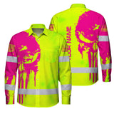 Hi Vis Hawaiian Long Sleeve Shirt Reflective Green And Orange Skull Custom Name Safety Workwear For Runners, Cyclists, Skull Lover