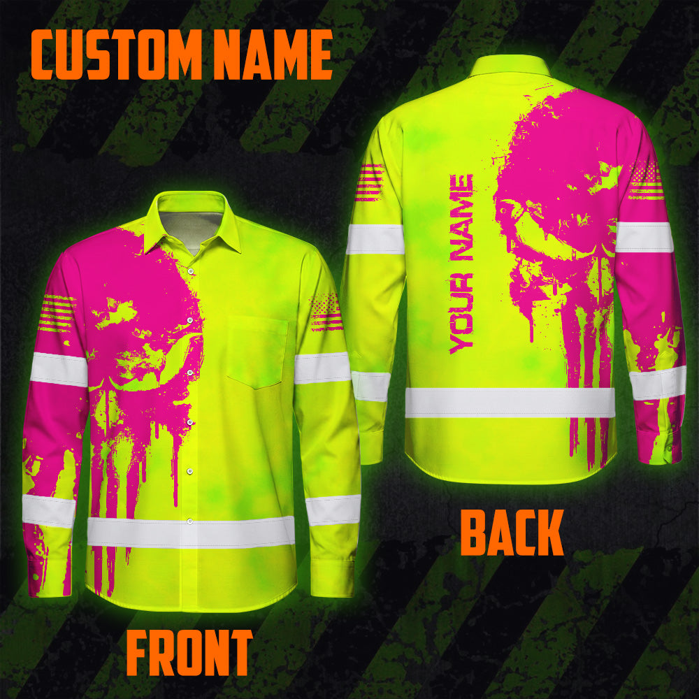 Hi Vis Hawaiian Long Sleeve Shirt Reflective Green And Orange Skull Custom Name Safety Workwear For Runners, Cyclists, Skull Lover