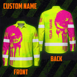 Hi Vis Hawaiian Long Sleeve Shirt Reflective Green And Orange Skull Custom Name Safety Workwear For Runners, Cyclists, Skull Lover