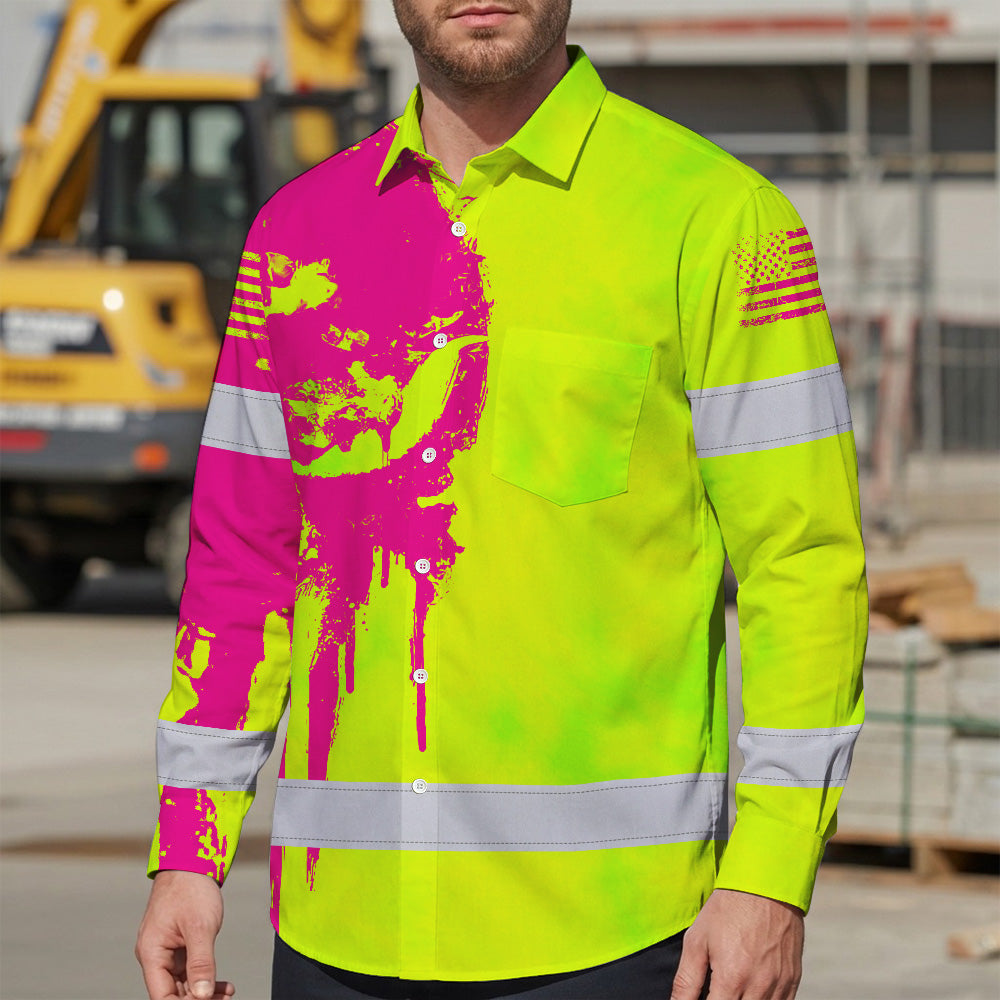 Hi Vis Hawaiian Long Sleeve Shirt Reflective Green And Orange Skull Custom Name Safety Workwear For Runners, Cyclists, Skull Lover