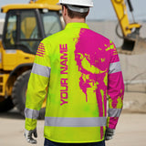 Hi Vis Hawaiian Long Sleeve Shirt Reflective Green And Orange Skull Custom Name Safety Workwear For Runners, Cyclists, Skull Lover