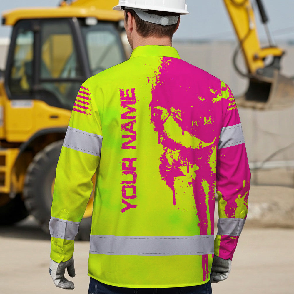 Hi Vis Hawaiian Long Sleeve Shirt Reflective Green And Orange Skull Custom Name Safety Workwear For Runners, Cyclists, Skull Lover