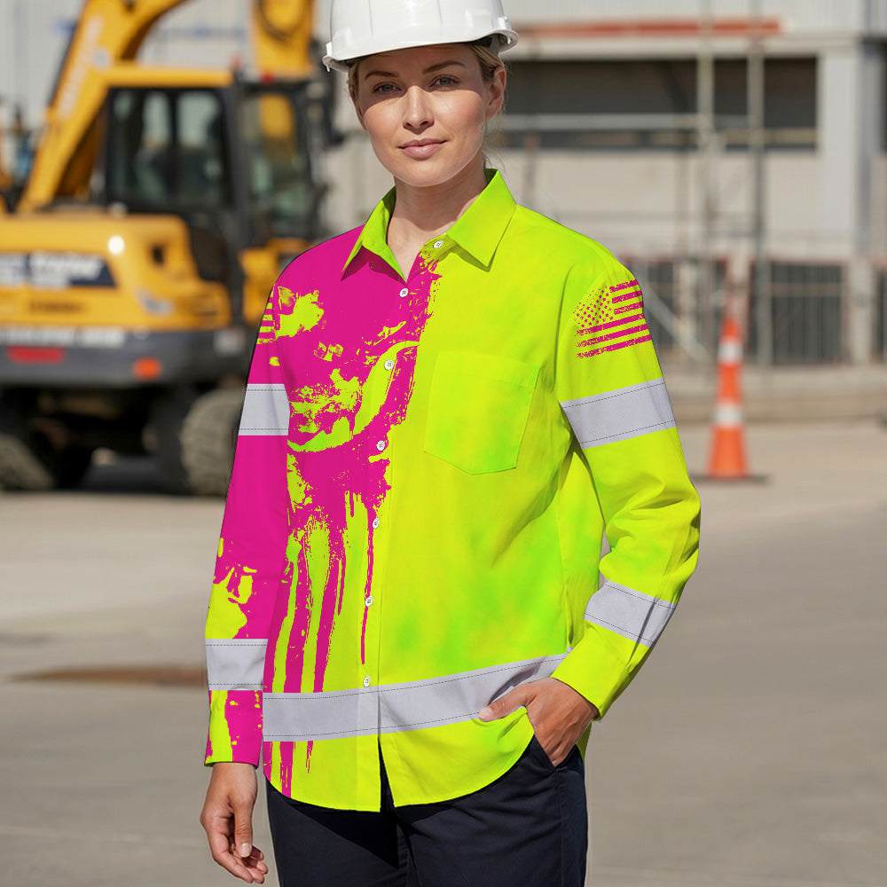 Hi Vis Hawaiian Long Sleeve Shirt Reflective Green And Orange Skull Custom Name Safety Workwear For Runners, Cyclists, Skull Lover