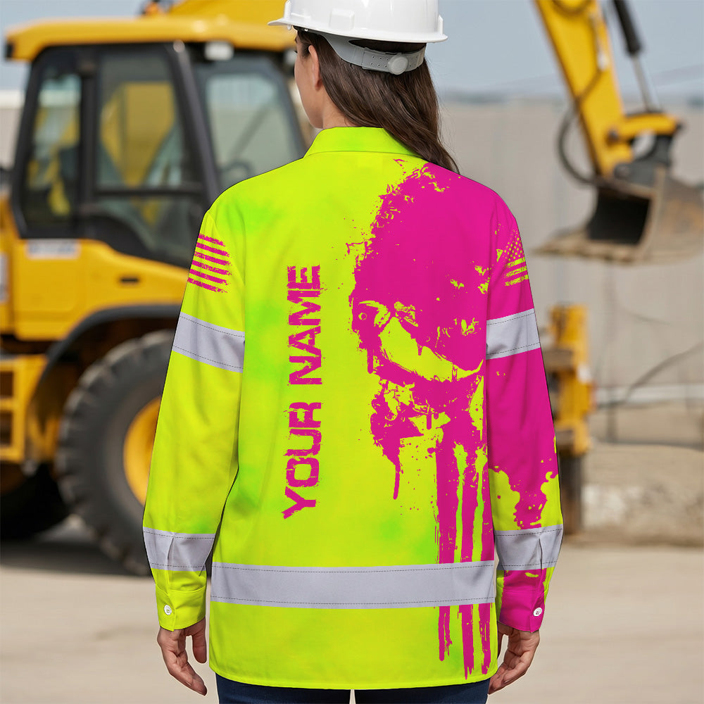 Hi Vis Hawaiian Long Sleeve Shirt Reflective Green And Orange Skull Custom Name Safety Workwear For Runners, Cyclists, Skull Lover