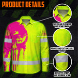 Hi Vis Hawaiian Long Sleeve Shirt Reflective Green And Orange Skull Custom Name Safety Workwear For Runners, Cyclists, Skull Lover