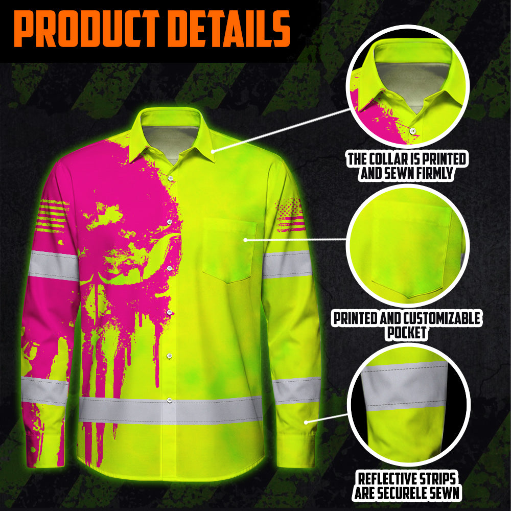 Hi Vis Hawaiian Long Sleeve Shirt Reflective Green And Orange Skull Custom Name Safety Workwear For Runners, Cyclists, Skull Lover
