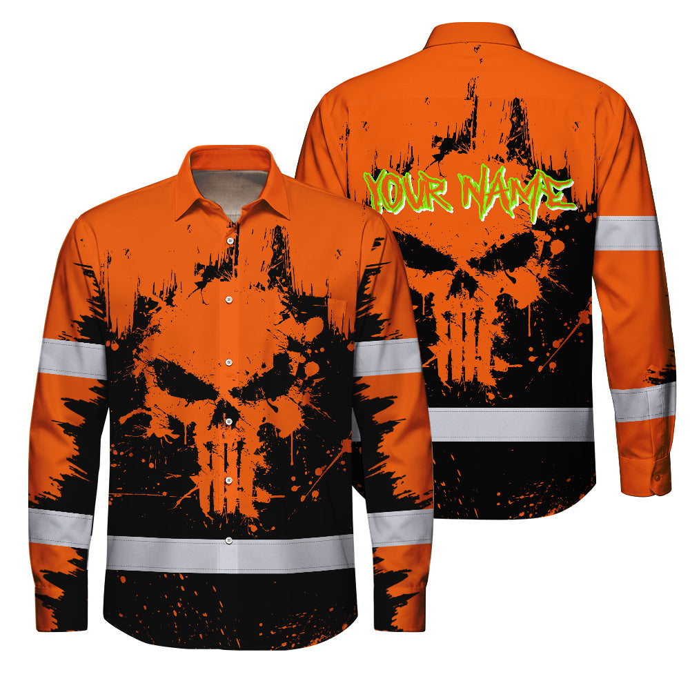 High Visibility Hawaiian Long Sleeve Shirt Reflective Orange Neon Skull Custom Name Safety Workwear For Workers, Runners, Truckers, Skull Lovers