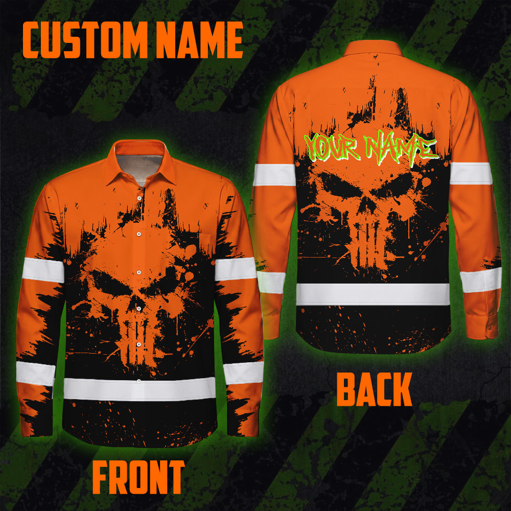 High Visibility Hawaiian Long Sleeve Shirt Reflective Orange Neon Skull Custom Name Safety Workwear For Workers, Runners, Truckers, Skull Lovers