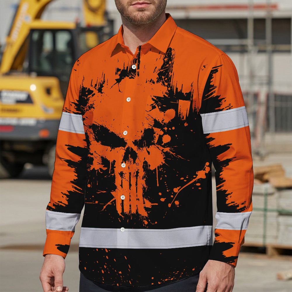 High Visibility Hawaiian Long Sleeve Shirt Reflective Orange Neon Skull Custom Name Safety Workwear For Workers, Runners, Truckers, Skull Lovers