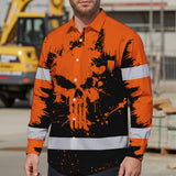 High Visibility Hawaiian Long Sleeve Shirt Reflective Orange Neon Skull Custom Name Safety Workwear For Workers, Runners, Truckers, Skull Lovers