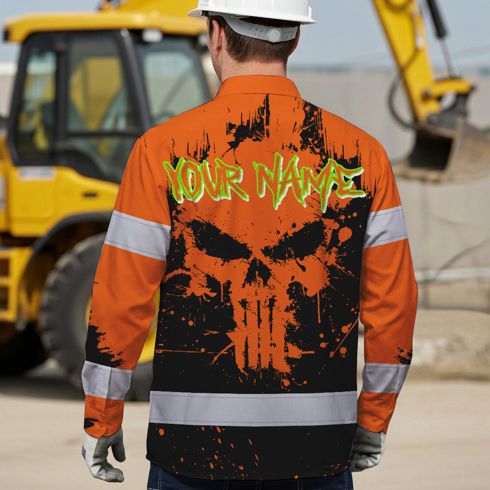 High Visibility Hawaiian Long Sleeve Shirt Reflective Orange Neon Skull Custom Name Safety Workwear For Workers, Runners, Truckers, Skull Lovers
