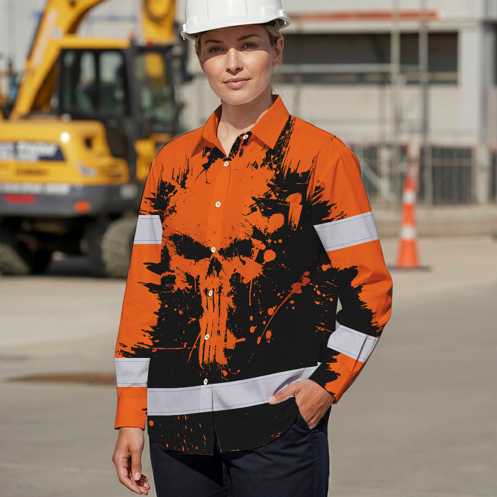 High Visibility Hawaiian Long Sleeve Shirt Reflective Orange Neon Skull Custom Name Safety Workwear For Workers, Runners, Truckers, Skull Lovers