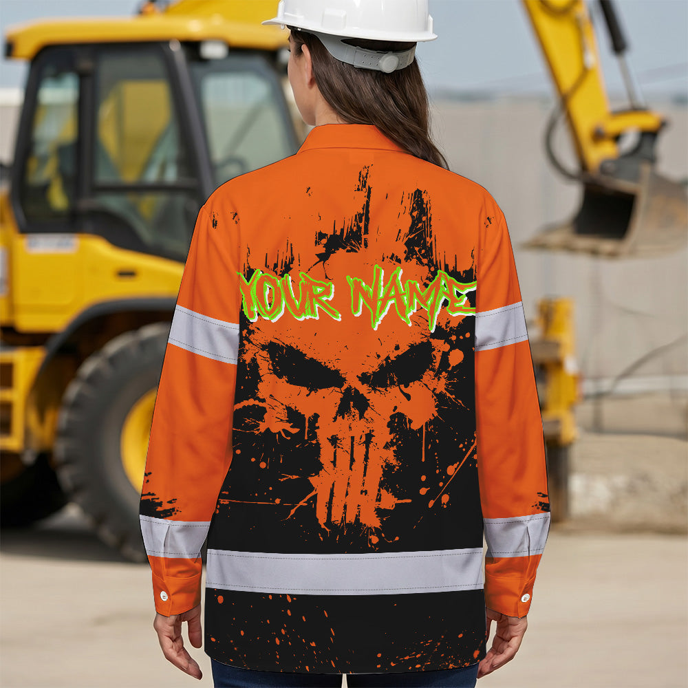 High Visibility Hawaiian Long Sleeve Shirt Reflective Orange Neon Skull Custom Name Safety Workwear For Workers, Runners, Truckers, Skull Lovers