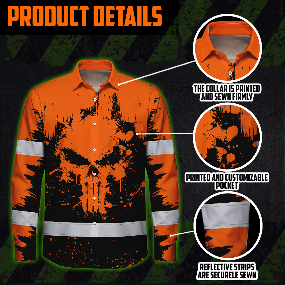 High Visibility Hawaiian Long Sleeve Shirt Reflective Orange Neon Skull Custom Name Safety Workwear For Workers, Runners, Truckers, Skull Lovers
