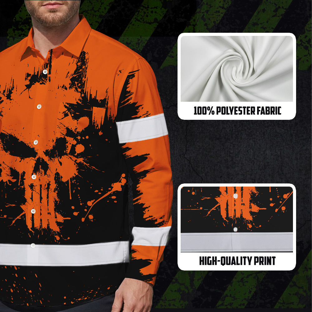 High Visibility Hawaiian Long Sleeve Shirt Reflective Orange Neon Skull Custom Name Safety Workwear For Workers, Runners, Truckers, Skull Lovers