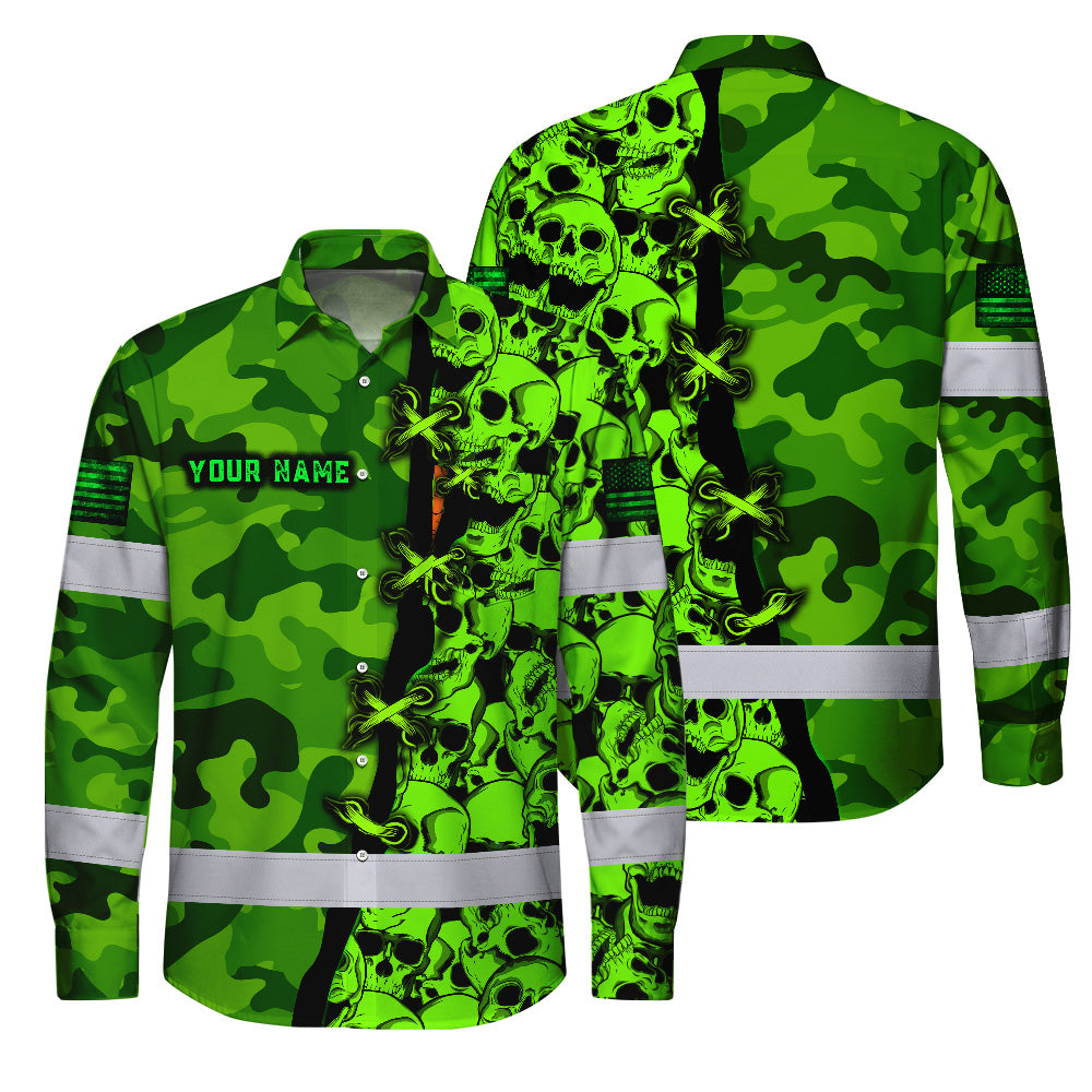 Hi Vis Hawaiian Long Sleeve Shirt Custom Name, Pattern Skull Camo Reflective Safety Workwear For Workers, Runners, Truckers, Skull Lovers