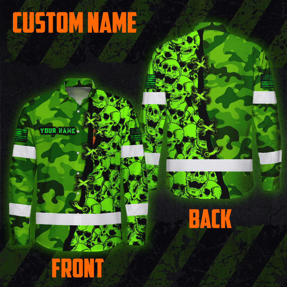 Hi Vis Hawaiian Long Sleeve Shirt Custom Name, Pattern Skull Camo Reflective Safety Workwear For Workers, Runners, Truckers, Skull Lovers