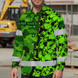 Hi Vis Hawaiian Long Sleeve Shirt Custom Name, Pattern Skull Camo Reflective Safety Workwear For Workers, Runners, Truckers, Skull Lovers