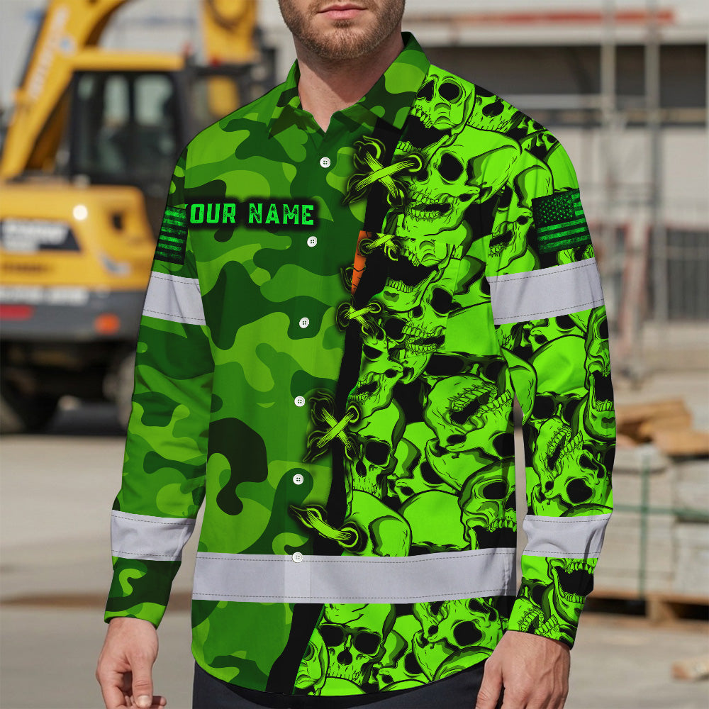 Hi Vis Hawaiian Long Sleeve Shirt Custom Name, Pattern Skull Camo Reflective Safety Workwear For Workers, Runners, Truckers, Skull Lovers
