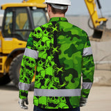 Hi Vis Hawaiian Long Sleeve Shirt Custom Name, Pattern Skull Camo Reflective Safety Workwear For Workers, Runners, Truckers, Skull Lovers