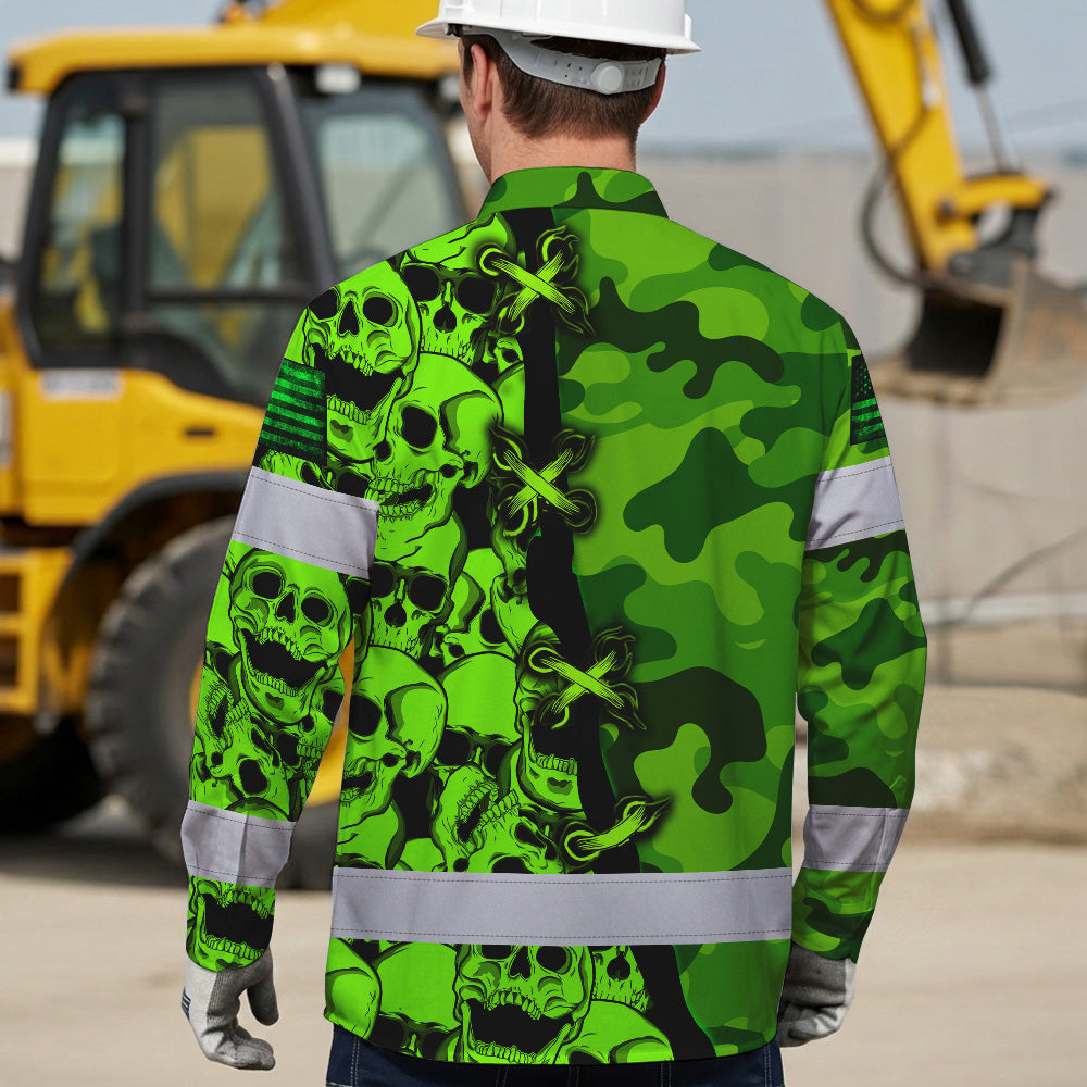 Hi Vis Hawaiian Long Sleeve Shirt Custom Name, Pattern Skull Camo Reflective Safety Workwear For Workers, Runners, Truckers, Skull Lovers