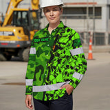 Hi Vis Hawaiian Long Sleeve Shirt Custom Name, Pattern Skull Camo Reflective Safety Workwear For Workers, Runners, Truckers, Skull Lovers