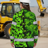 Hi Vis Hawaiian Long Sleeve Shirt Custom Name, Pattern Skull Camo Reflective Safety Workwear For Workers, Runners, Truckers, Skull Lovers
