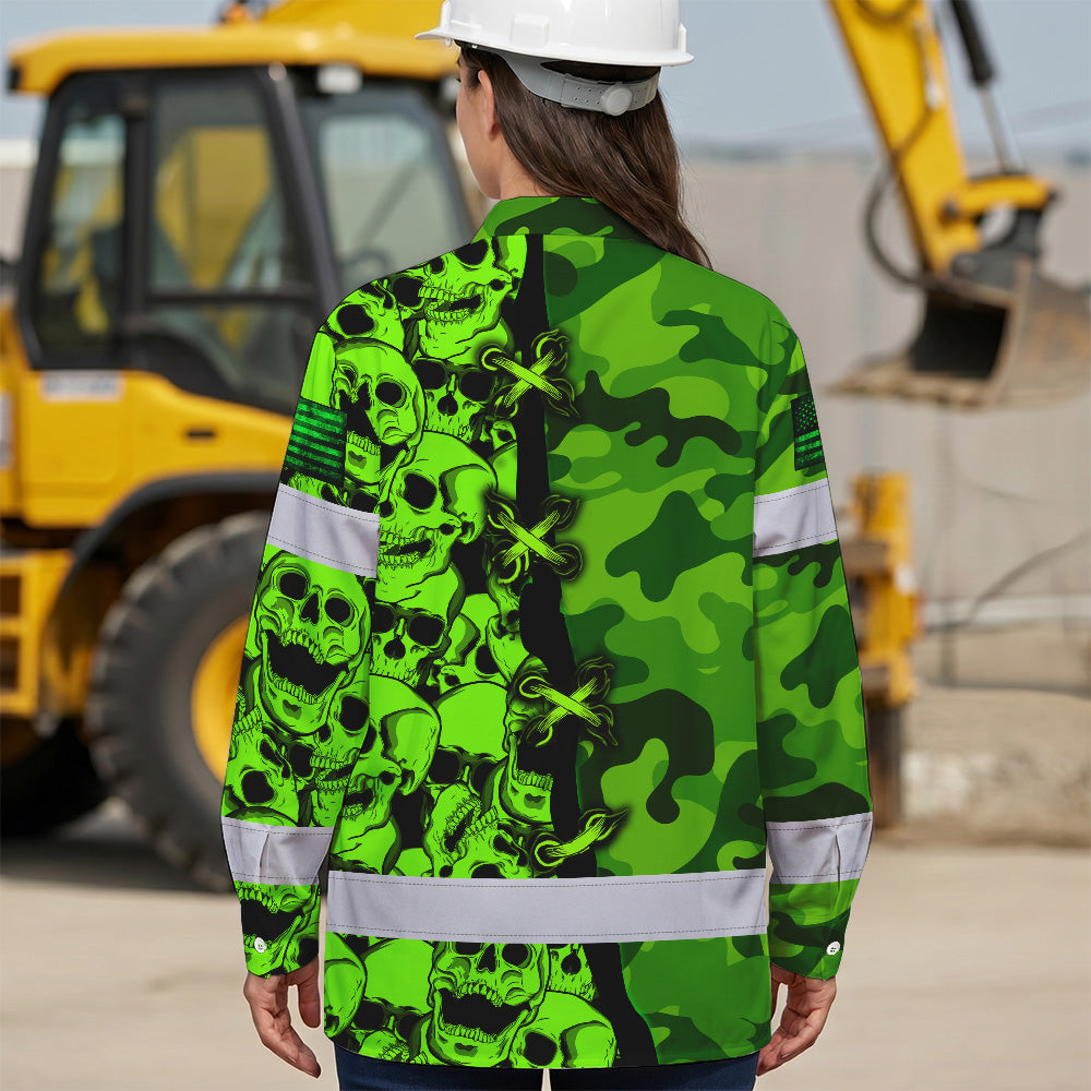 Hi Vis Hawaiian Long Sleeve Shirt Custom Name, Pattern Skull Camo Reflective Safety Workwear For Workers, Runners, Truckers, Skull Lovers