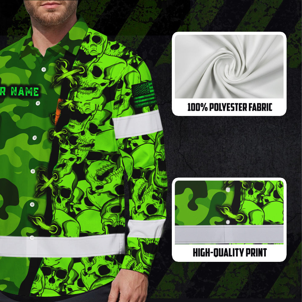 Hi Vis Hawaiian Long Sleeve Shirt Custom Name, Pattern Skull Camo Reflective Safety Workwear For Workers, Runners, Truckers, Skull Lovers