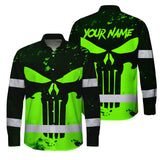 Hi Vis Hawaiian Long Sleeve Shirt Green Neon - Personalized Safety Workwear For Skull Lover, Cyclists, Runners