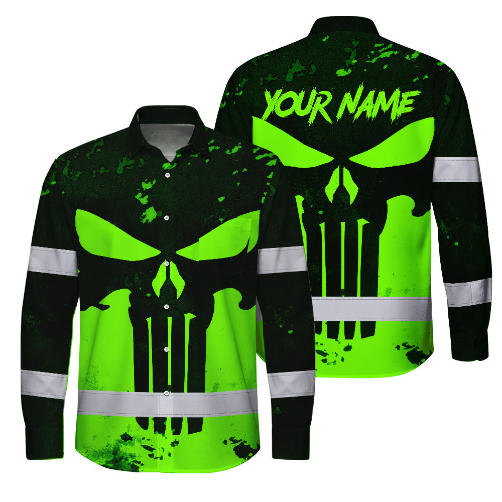 Hi Vis Hawaiian Long Sleeve Shirt Green Neon - Personalized Safety Workwear For Skull Lover, Cyclists, Runners