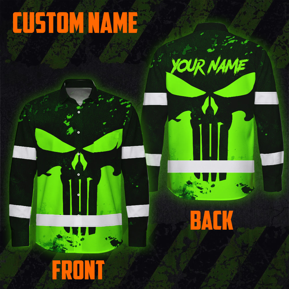 Hi Vis Hawaiian Long Sleeve Shirt Green Neon - Personalized Safety Workwear For Skull Lover, Cyclists, Runners