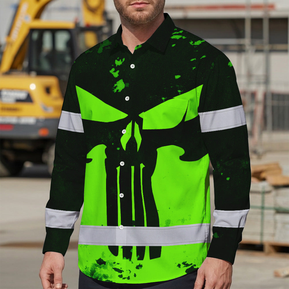 Hi Vis Hawaiian Long Sleeve Shirt Green Neon - Personalized Safety Workwear For Skull Lover, Cyclists, Runners