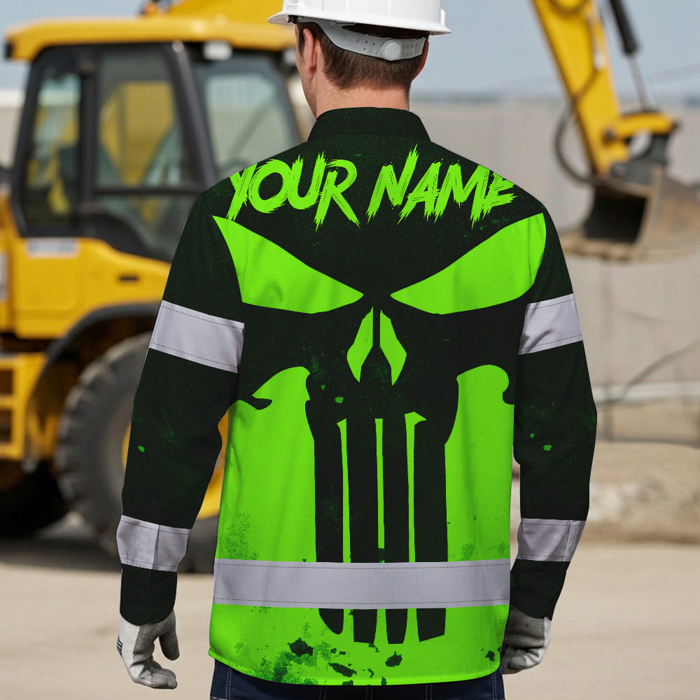 Hi Vis Hawaiian Long Sleeve Shirt Green Neon - Personalized Safety Workwear For Skull Lover, Cyclists, Runners