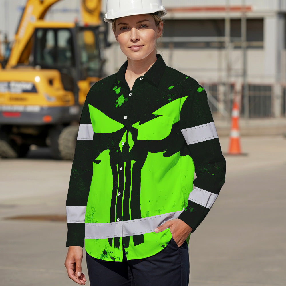 Hi Vis Hawaiian Long Sleeve Shirt Green Neon - Personalized Safety Workwear For Skull Lover, Cyclists, Runners