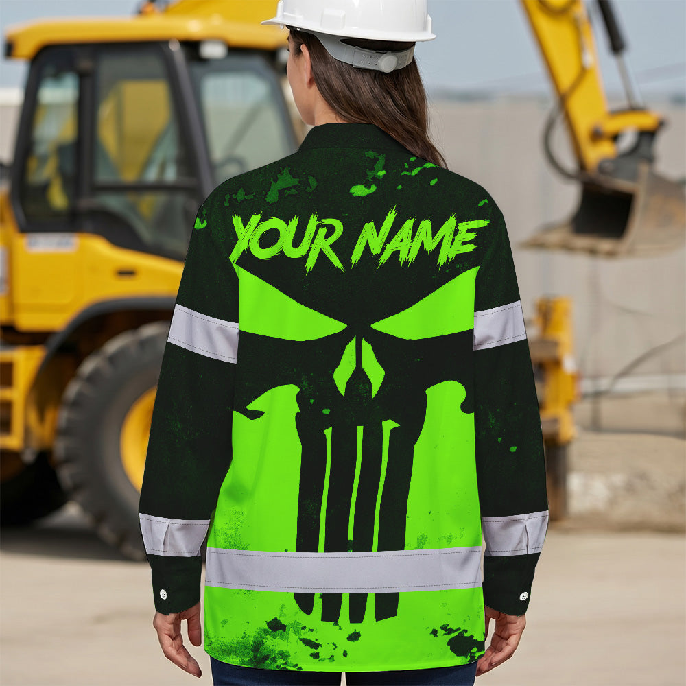 Hi Vis Hawaiian Long Sleeve Shirt Green Neon - Personalized Safety Workwear For Skull Lover, Cyclists, Runners