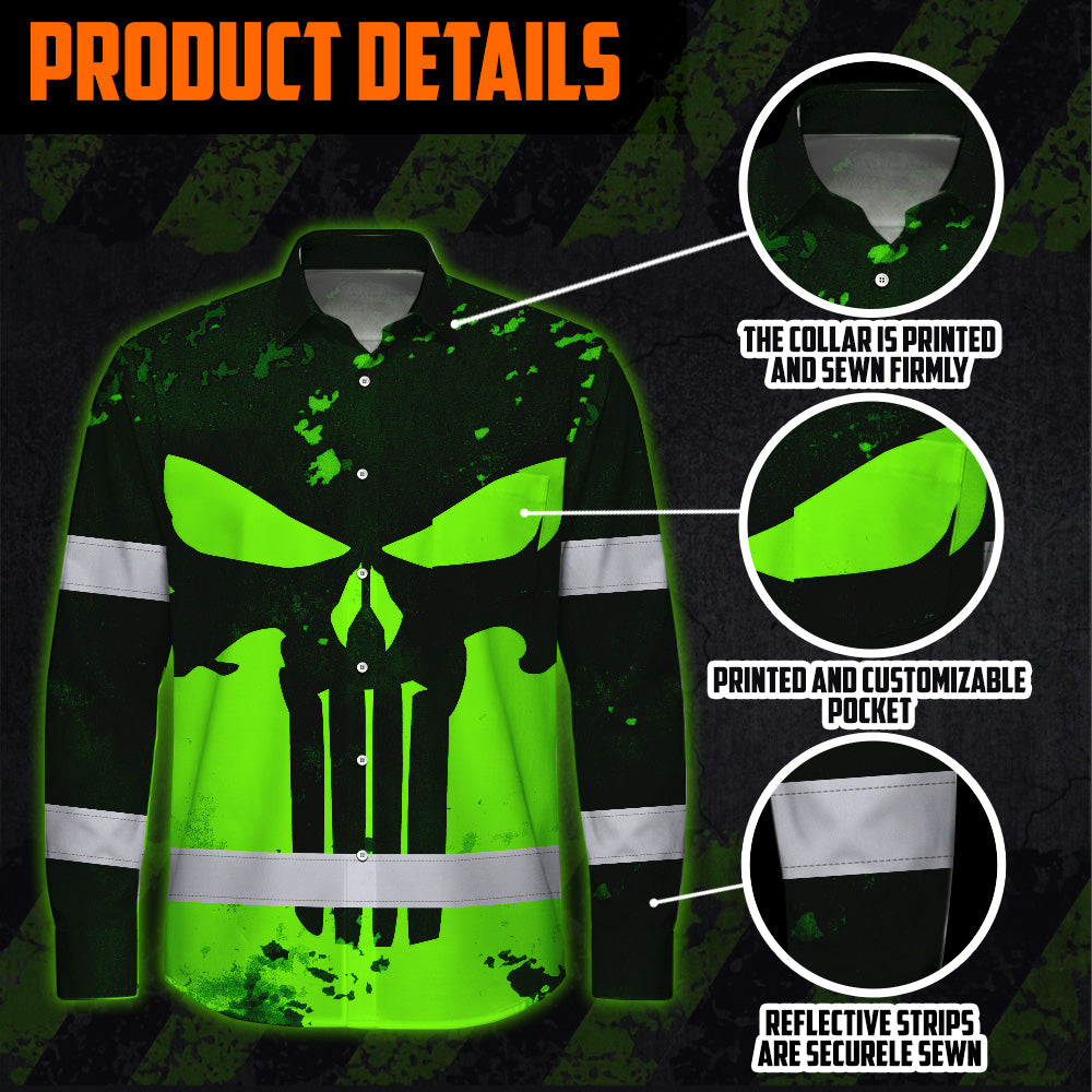Hi Vis Hawaiian Long Sleeve Shirt Green Neon - Personalized Safety Workwear For Skull Lover, Cyclists, Runners