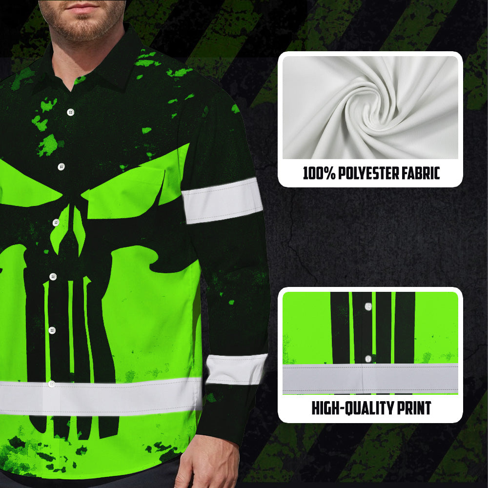 Hi Vis Hawaiian Long Sleeve Shirt Green Neon - Personalized Safety Workwear For Skull Lover, Cyclists, Runners