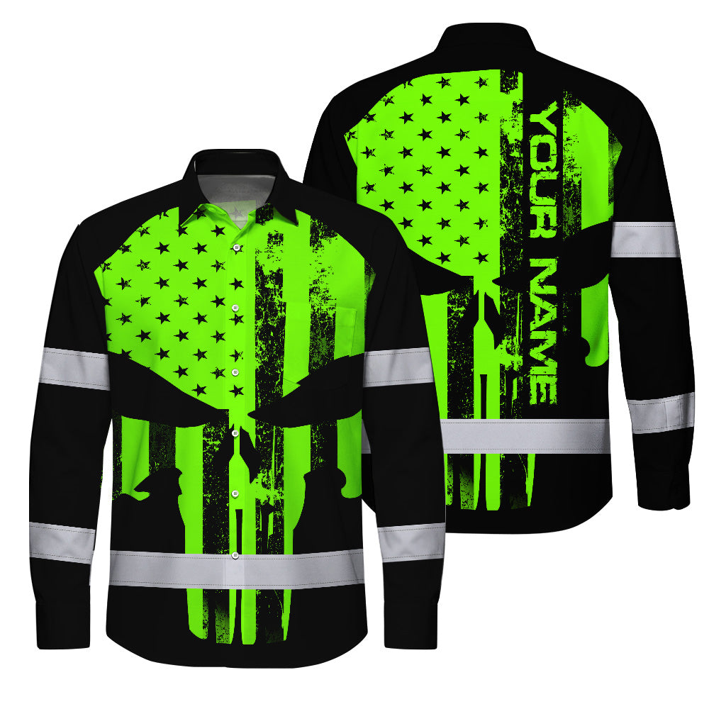 High Visibility Hawaiian Long Sleeve Shirt Green Neon Skull America Flag Custom Name Safety Workwear For Skull Lover