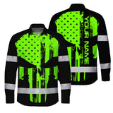 High Visibility Hawaiian Long Sleeve Shirt Green Neon Skull America Flag Custom Name Safety Workwear For Skull Lover