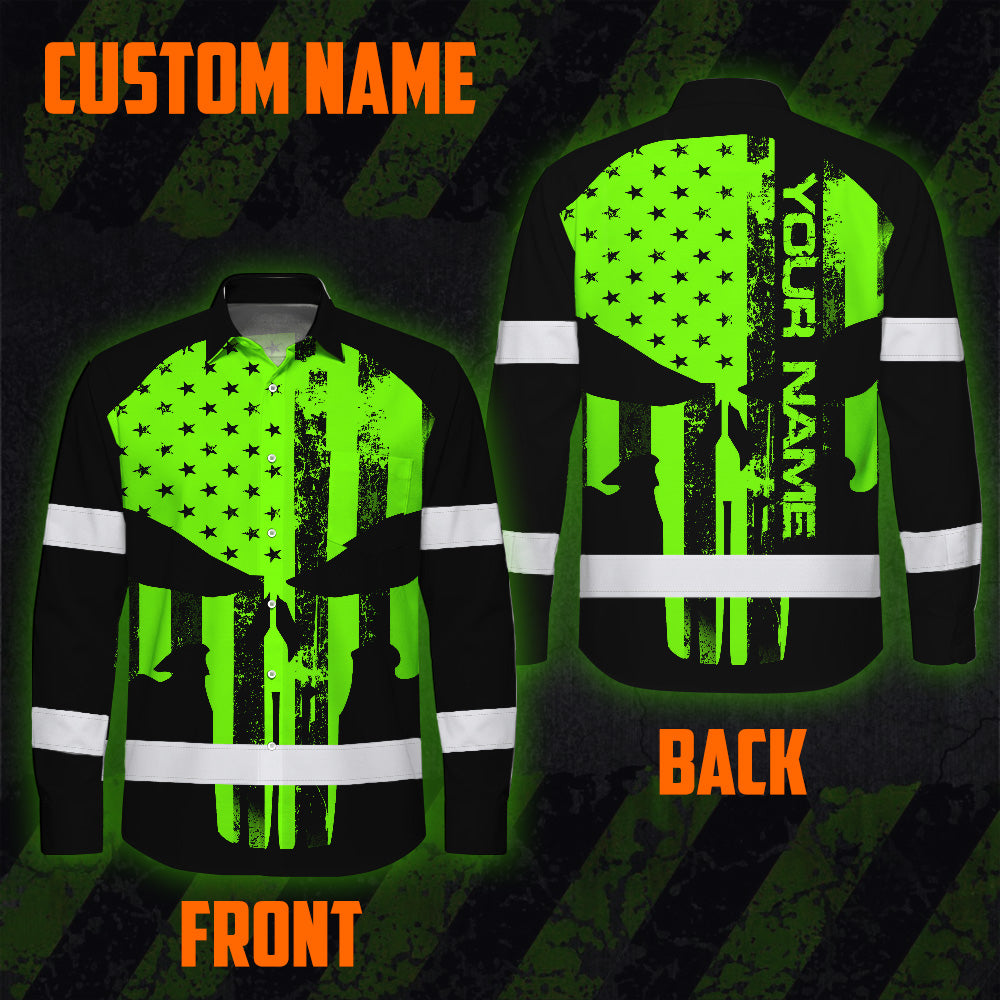 High Visibility Hawaiian Long Sleeve Shirt Green Neon Skull America Flag Custom Name Safety Workwear For Skull Lover