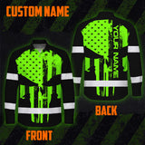High Visibility Hawaiian Long Sleeve Shirt Green Neon Skull America Flag Custom Name Safety Workwear For Skull Lover