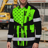 High Visibility Hawaiian Long Sleeve Shirt Green Neon Skull America Flag Custom Name Safety Workwear For Skull Lover