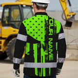 High Visibility Hawaiian Long Sleeve Shirt Green Neon Skull America Flag Custom Name Safety Workwear For Skull Lover