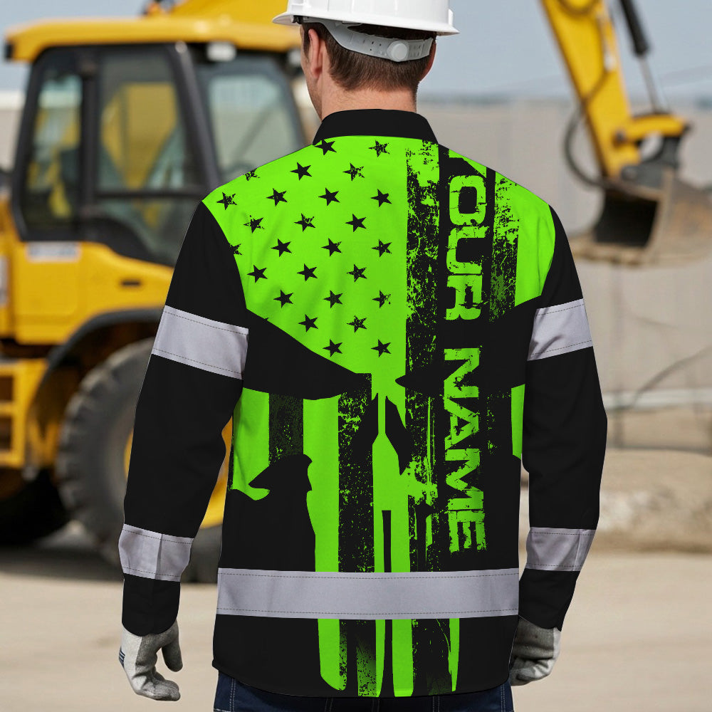 High Visibility Hawaiian Long Sleeve Shirt Green Neon Skull America Flag Custom Name Safety Workwear For Skull Lover