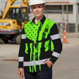 High Visibility Hawaiian Long Sleeve Shirt Green Neon Skull America Flag Custom Name Safety Workwear For Skull Lover
