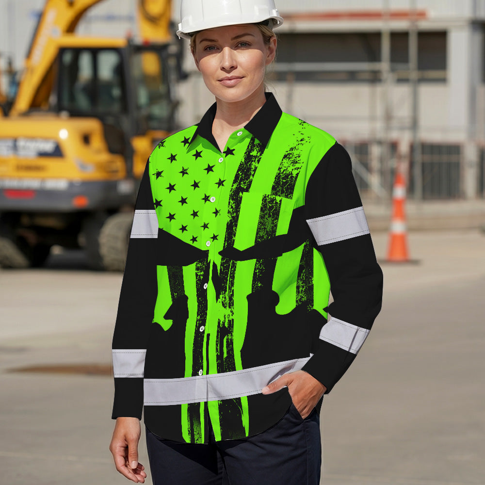 High Visibility Hawaiian Long Sleeve Shirt Green Neon Skull America Flag Custom Name Safety Workwear For Skull Lover