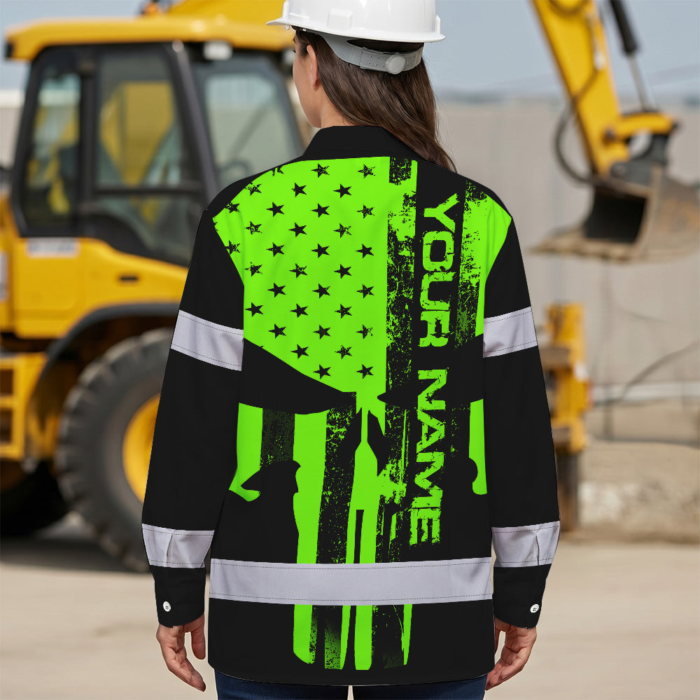 High Visibility Hawaiian Long Sleeve Shirt Green Neon Skull America Flag Custom Name Safety Workwear For Skull Lover