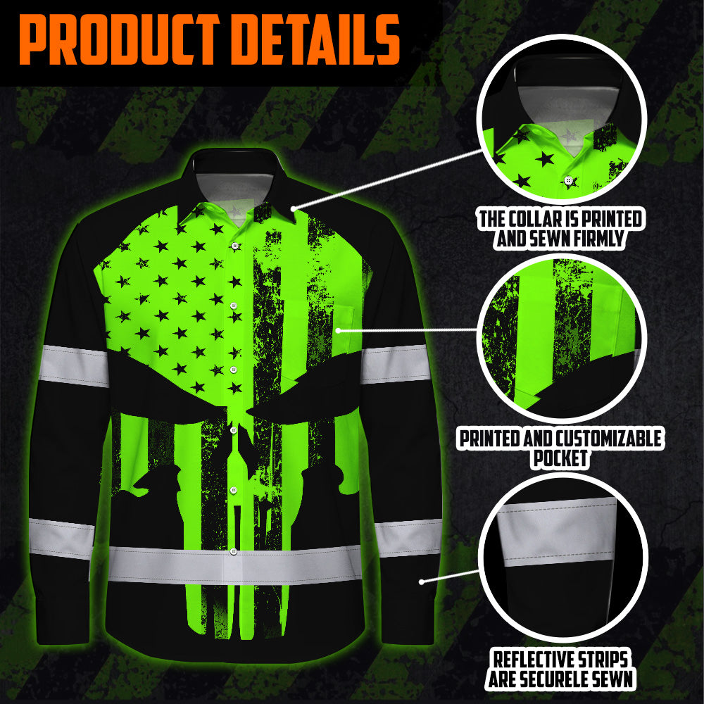 High Visibility Hawaiian Long Sleeve Shirt Green Neon Skull America Flag Custom Name Safety Workwear For Skull Lover