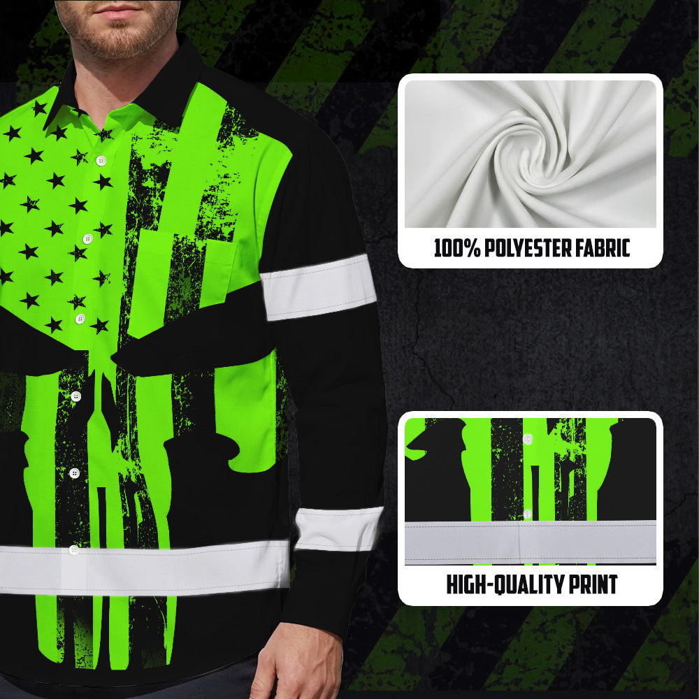 High Visibility Hawaiian Long Sleeve Shirt Green Neon Skull America Flag Custom Name Safety Workwear For Skull Lover